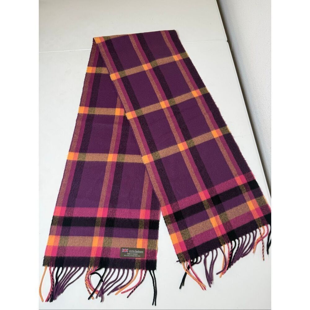 Rare Made in Scotland 100% Cashmere Unisex Plaid Scarf 64” X 11”